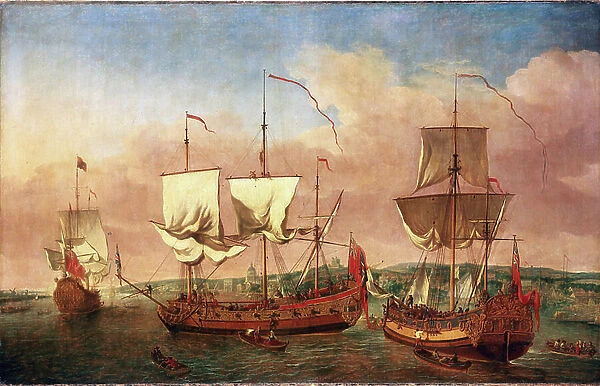 The ship 'Peregrine' and other royal vessels, off Greenwich, around 1710. Oil on canvas, around 1710-1715, by Jan Griffier (1645-1718)