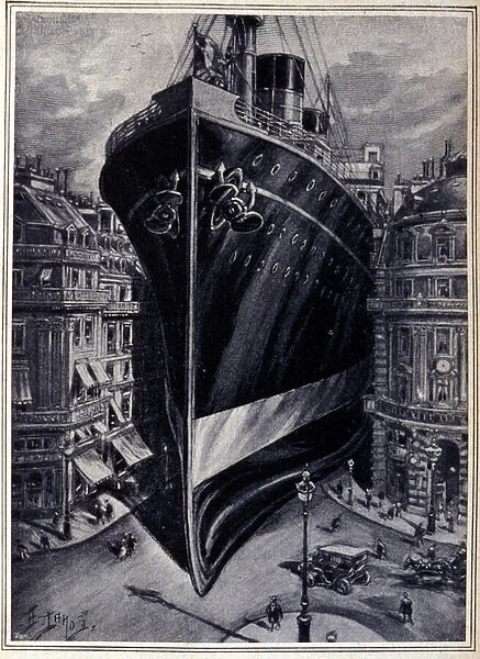 The ship 'Provence'represents in the Rue du Quatre Septembre in Paris, composed by Henri Lanos intended to represent the immense size of the Transatlantic