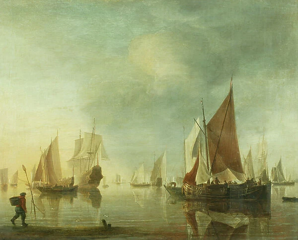 Shipping at anchor offshore in a calm sea; evening light, c. 1650-60 (oil on panel)
