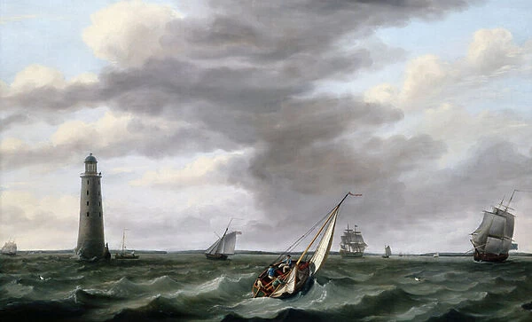 Shipping off the Eddystone Lighthouse (oil on canvas)