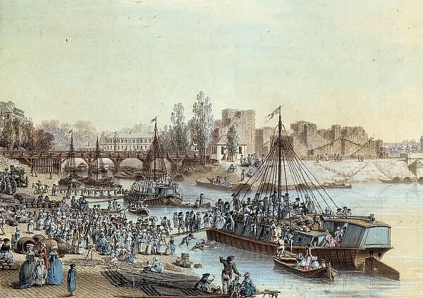 Shipping Ship loaded passengers arriving at the dock. Drawing by Louis de Lespinasse