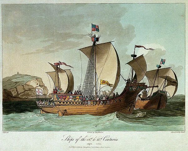 Ships of the 14th & 15th centuries, 1812 (coloured etching)