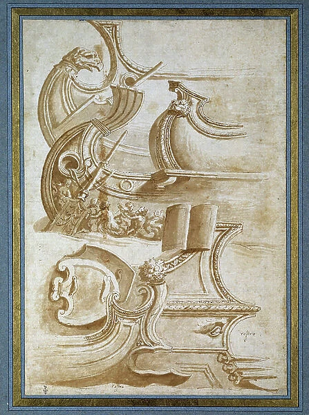 Ship's bow and shields (after Giulio Romano, 1632-1635 (drawing)