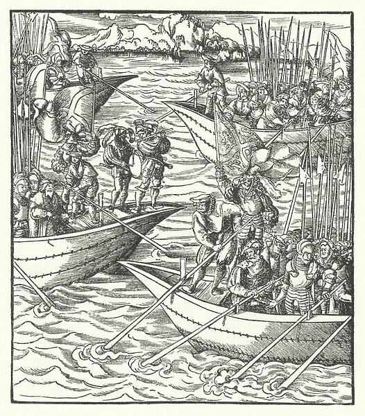 Ships carrying German and French soldiers off Leghorn, Italy, 1494 (engraving)