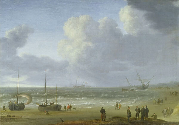 Ships in an Estuary with Fishermen by a Jetty (oil on panel)