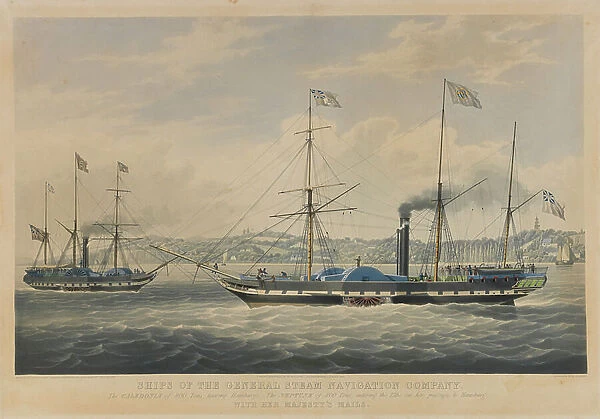 Ships of the General Steam Navigation Company. The Caledonia of 800 Tons, leaving Hamburg - The Neptune of 800 Tons, entering the Elbe on her Passage to Hamburg, with Her Majesty's Mails, 1842 (aquatint, coloured)