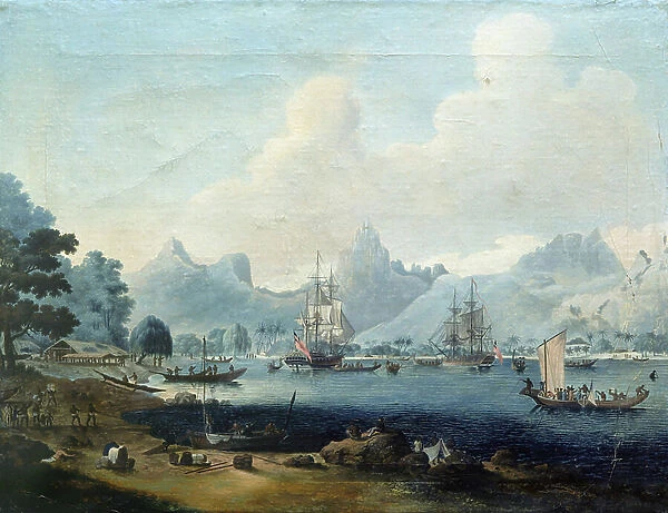 The ships HMS Resolution and Discovery anchored in Moorea (Tahiti), during James Cook's expeditions (1728-1779), in which the painter took part in 1772-1773