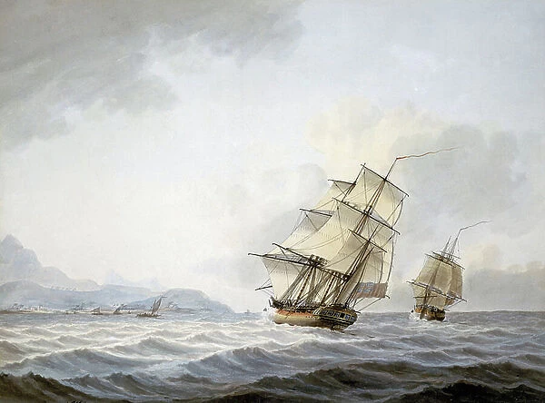 The ships Resolution and Discovery off the coast of Tahiti, during the third voyage (1776-1780) of Captain James Cook (1728-1779)