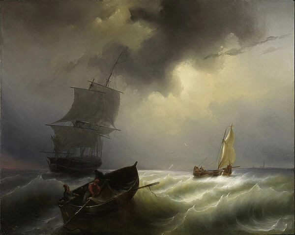 Ships at Sea in a Stiff Wind, 1838 (oil on panel)
