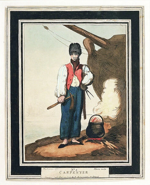 The shipwright, one of the most important Royal Navy adjutant officers in the 18th century, who had to pass an exam at Shipwright's Hall before boarding
