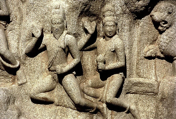 Shiva bestowing a gift, detail from the carving depicting Arjuna's Penance from the Mahabharata, Pallava (stone)