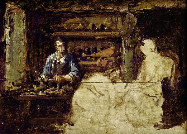 The Shoemaker of Reville, a town near Cherbourg (oil on wood)