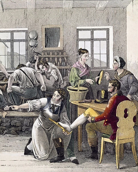 Shoemakers store (A man has his foot measured), 19th century (colour engraving)