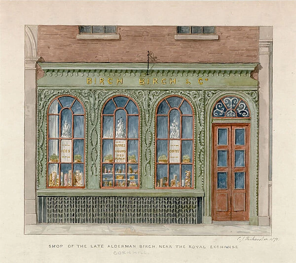Shop of the late Alderman Birch near the Royal Exchange. 1871 (w  /  c on paper)