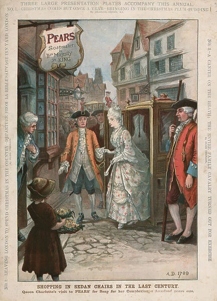 Shopping in Sedan Chairs in the Last Century (colour litho)