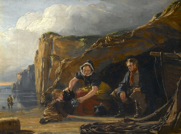 Shore Scene with Figures (oil on canvas)