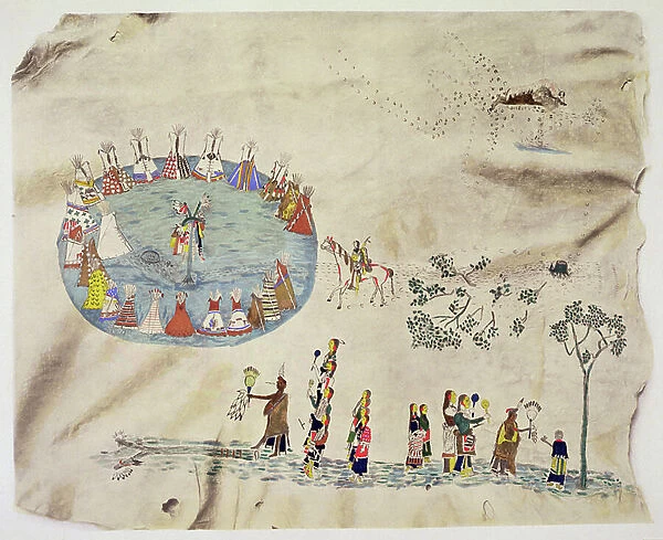 The Shoshone Sun Dance (pigment on deerskin)