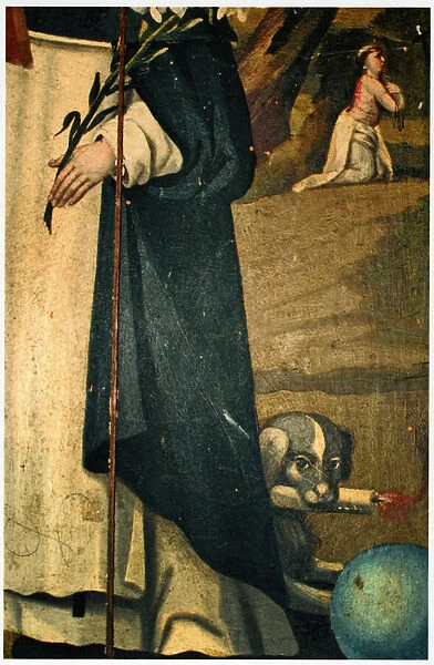 Detail showing the lily, staff and dog with torch, attributions of St