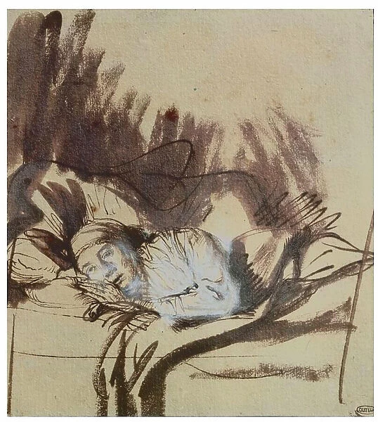 Sick woman in a bed, maybe Saskia, wife of the painter, 1640 (pen, brush & gouache)