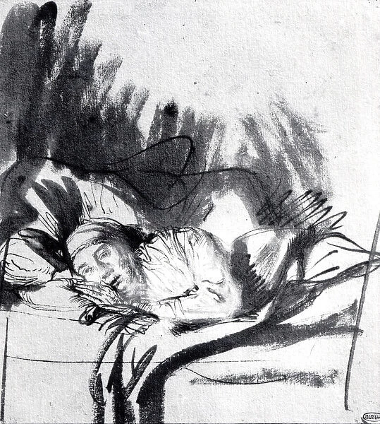 Sick woman in a bed, maybe Saskia, wife of the painter, c. 1640 (pen & bistre on paper)