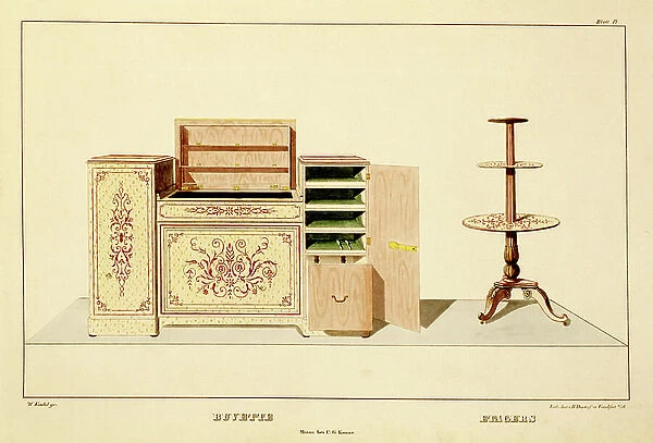 A Sideboard and Three Tiered Serving Table, from Wilhelm Kimbel Journal fur Mobelschreiner und Tapazierer, Mainz, 1835