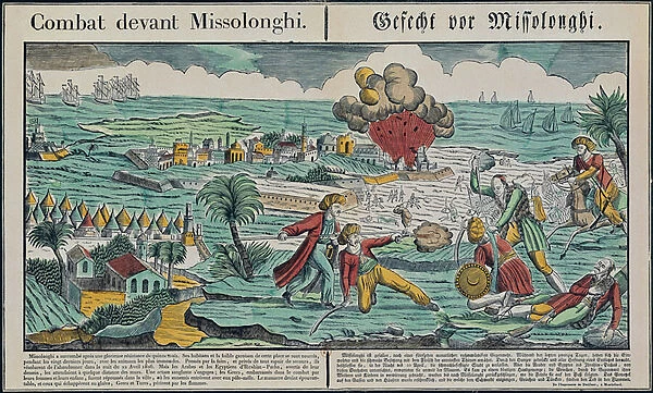 Siege of Missolonghi, 22nd April 1826 (coloured engraving)