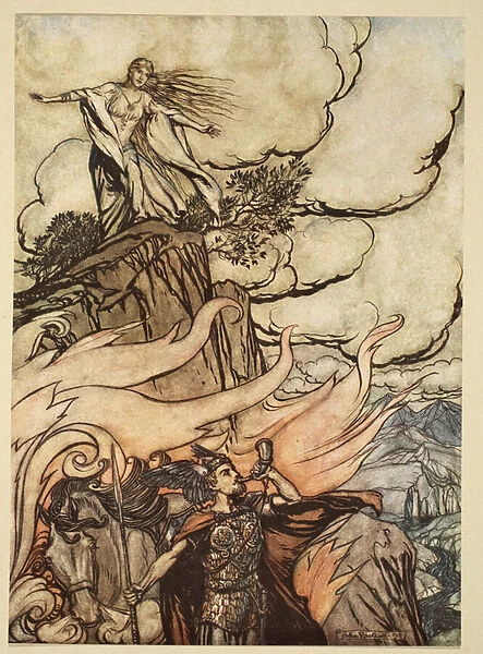 Siegfried leaves Brunnhilde in search of adventure, illustration from