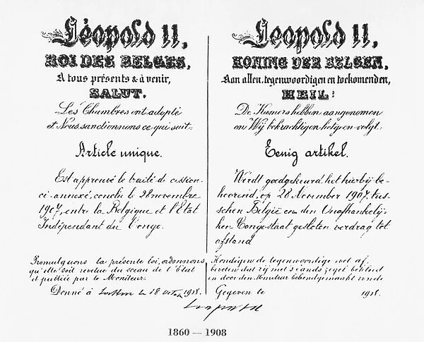 Signature of King Leopold II (1835-1909) approving the annexation of Congo to Belgium