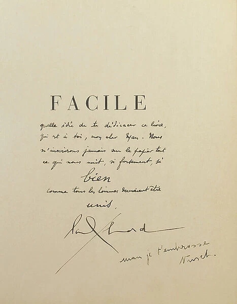 Signed inset page of the first edition of Facile by Paul Eluard, 1935 (print and pen & ink on paper)