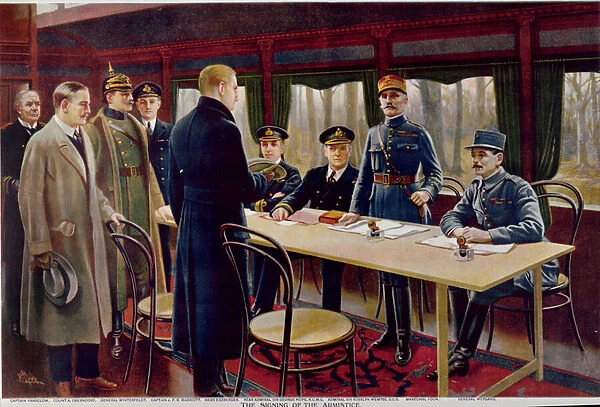 The Signing of the Armistice on 11th November 1918 at 5 a. m. 1918 (colour litho)