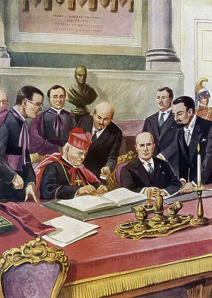 Signing of the Lateran Agreements (Patti lateranensi) between the Italian government (fascist) and the Holy Vatican Siege (St. Siege) which guarantee the sovereignty of the Pope in the Vatican and formalizes the Catholic religion in Italy