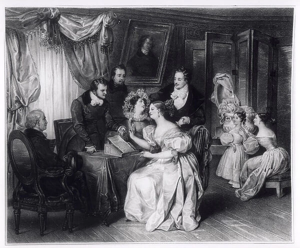 Signing the marriage contract at the solicitors office, c. 1840 (litho) (b  /  w photo)