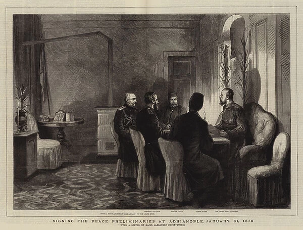 Signing the Peace Preliminaries at Adrianople, 31 January 1878 (engraving)