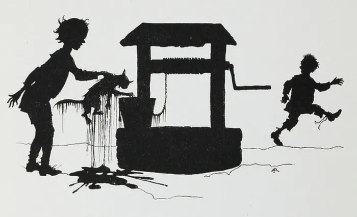 Framed Print : Silhouette of a boy pulling a cat out of a well Framed Print : Silhouette of a boy pulling a cat out of a well