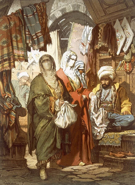 The Silk Bazaar, 1865 (colour litho)