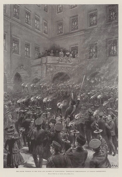 The Silver Wedding of the Duke and Duchess of Saxe-Coburg, Torchlight Demonstration at Schloss Friedenstein (litho)