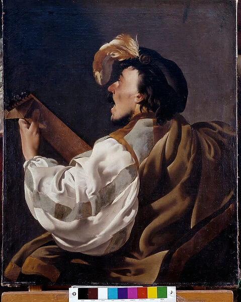 a singer accompanying himself to the lute, also says lute player Painting by Hendrick ter