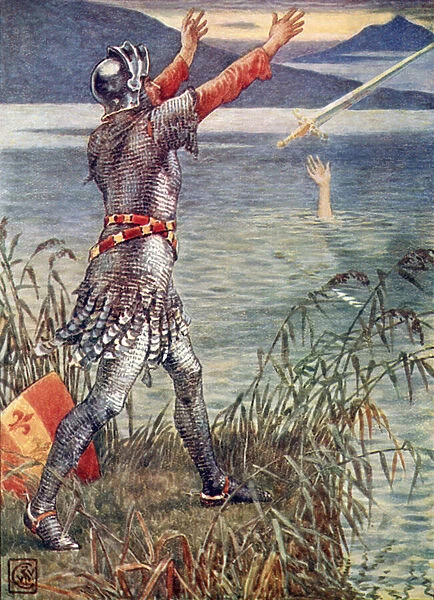 Sir Bedevere casts the sword Excalibur into the lake