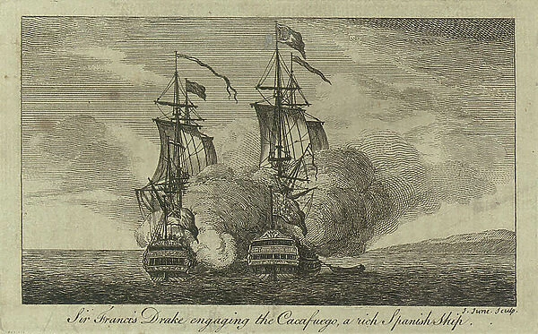 Sir Francis Drake engaging the Cacafuego, a rich Spanish ship, 16th century (engraving, etching)
