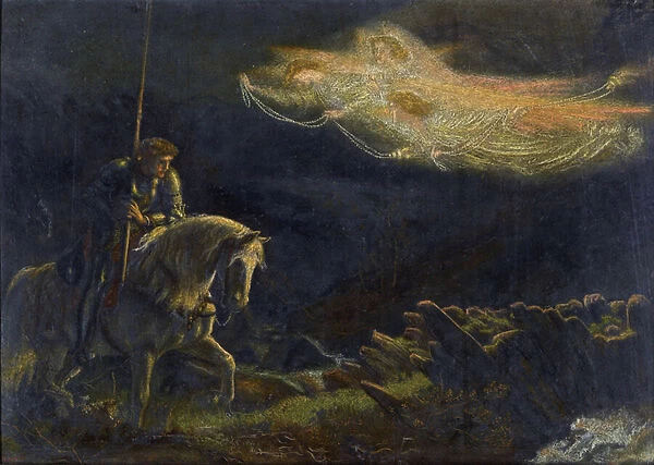Sir Galahad. La Quete du Saint Graal Sir Galahad. The Quest for the Holy Grail par Arthur Hughes (1832-1915) - Oil on wood, 30, 5x43 - Private Collection