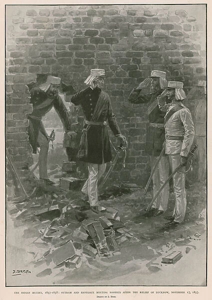 Sir James Outram and Sir Henry Havelock meeting Frederick Sleigh Roberts after the relief of Lucknow, Indian Mutiny, 17 November 1857 (photogravure)
