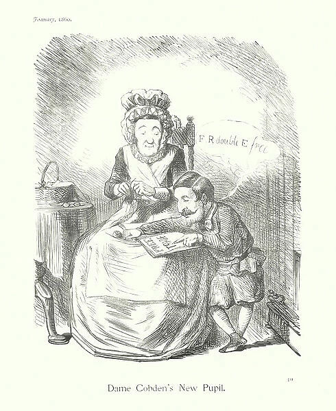 Sir John Tenniel cartoon: Dame Cobden's New Pupil (engraving)