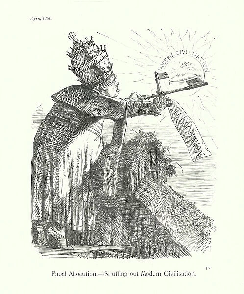Sir John Tenniel cartoon: Papal Allocution, Snuffing out Modern Civilisation (engraving)