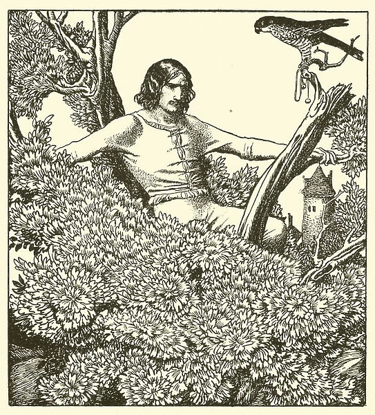 Sir Launcelot climbs to catch the ladys falcon (litho)