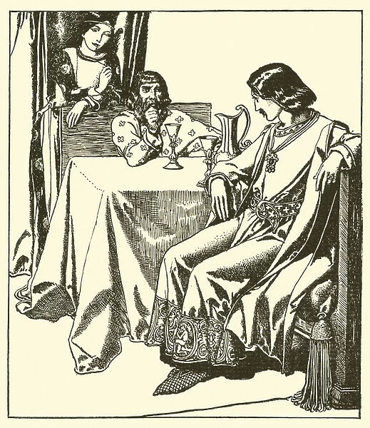 Sir Launcelot sits with Sir Hilaire and Croisette (litho)