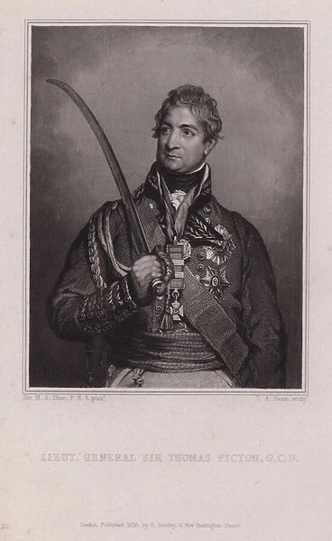 Sir Thomas Picton, Welsh general of the Napoleonic Wars killed at the Battle of Waterloo (engraving)