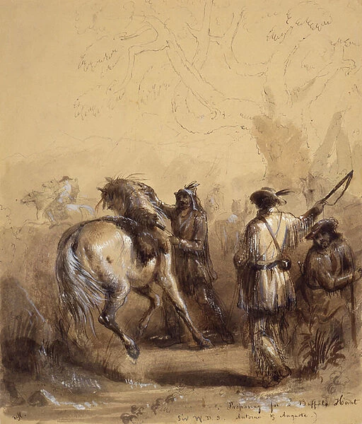 Sir W. D. S. Antoine and Auguste or Preparing for a Buffalo Hunt, c. 1837 (pen and ink, wash and gouache on paper)