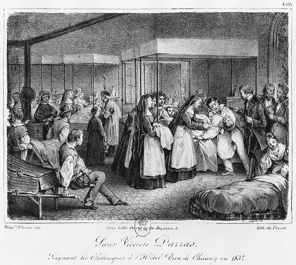 Sister Victoire Darras tending the cholera victims at the Hotel-Dieu of Chauny, 1832 (litho) (b  /  w photo)