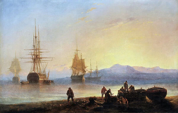 Sisters and ships in the Mediterranean. Painting by Francois Pierre BARRY (1813-1905). Oil on canvas. Dim: 29, 5x46cm. Mandatory mention: Collection fondation regards de Provence, Marseille
