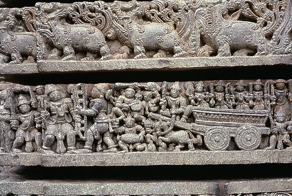 Sita's marriage procession in a chariot, Prasanna Chennakeshava Temple, 1260 (granite carving)